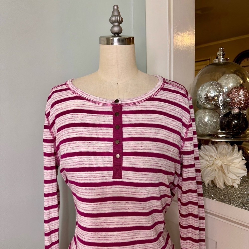 Talbots Henley Long Sleeve Button Up Shirt Purple White Striped Large NWT - Picture 3 of 9